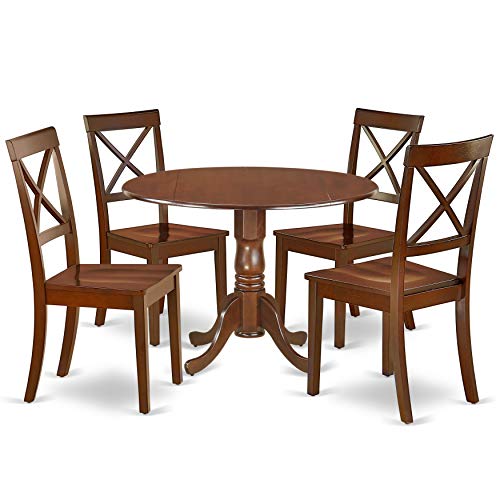 East West Furniture DLBO5-MAH-W 5-Piece Dining Table Set - 4 Dining Room Chairs with Wooden Seat - A Lovely Kitchen Table with Two 9-inch Drop leaves East West Furniture
