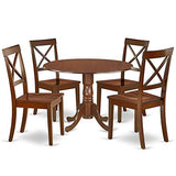 East West Furniture DLBO5-MAH-W 5-Piece Dining Table Set - 4 Dining Room Chairs with Wooden Seat - A Lovely Kitchen Table with Two 9-inch Drop leaves East West Furniture