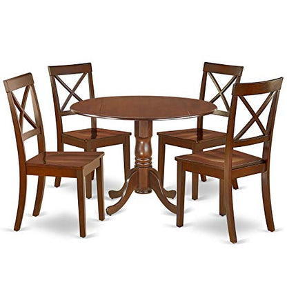 East West Furniture DLBO5-MAH-W 5-Piece Dining Table Set - 4 Dining Room Chairs with Wooden Seat - A Lovely Kitchen Table with Two 9-inch Drop leaves - WoodArtSupply