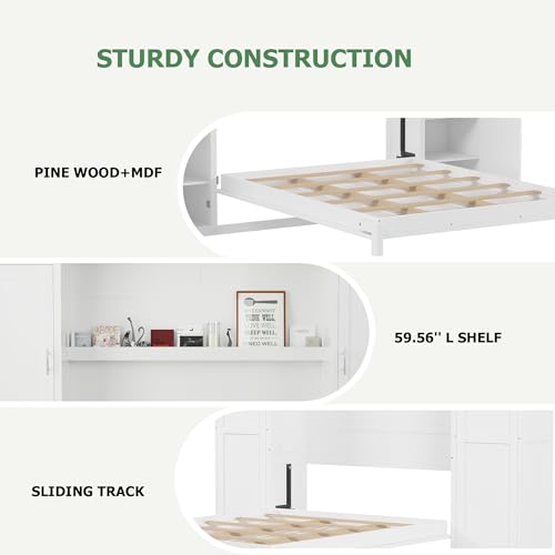 Polib Full Size Murphy Bed with Two Wardrobes and Storage Shelf, Space-Saving Wall Cabinet Bed with Foldable Platform Bedframe for Small Bedrooms, Guest Rooms and Apartments (White) Polibi