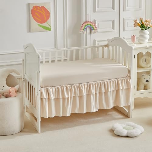 Lace Ruffle Crib Bedding Set 3 Pieces Baby Boho Lace Quilted Comforter with Fitted Sheet and Bed Skirt - Cute Ruffled Shabby Chic Baby Bedding Soft Blanket Design Pink UOZZI BEDDING