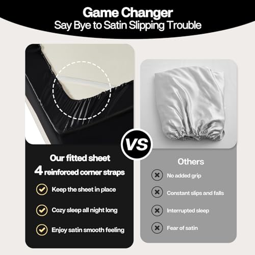 MR&HM Satin Fitted Sheet Queen Size, Silky Bottom Sheet with Elastic Corner Straps, Deep Pocket up to 15 Inch, No More Slipping Off for Mattress - 1 Fitted Sheet Only (Black) MR&HM
