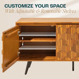 Bme Sideboard Georgina Solid Wood 2 Doors & 3 Drawers, 61'' Mid Century Modern Cabinet with Geometric Pattern for Kitchen, Dining, Living Room, Teak Bme
