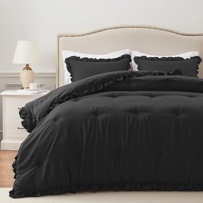 HARBOREST Lightweight 2 Pieces Black Ruffle Bed Set Vintage Farmhouse Soft Comforter Set Twin with 1 Pillow Shams(Twin/Twin XL, 66x92 inches, Black)