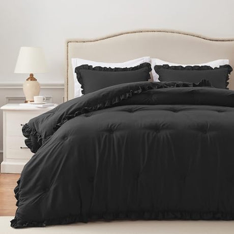 HARBOREST Full Comforter Set Black - Ruffle Bedding for All Seasons, 3 Pieces Shabby Chic Set (1 Comforter & 2 Pillow Shams) HARBOREST