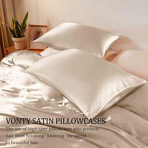 Vonty 3-Piece Silky Satin Duvet Cover Set Full/Queen Size Duvet Cover, Organic Natural 400TC Beige Duvet Cover Set - Luxury & Sexy Bedding Duvet Covers with Zipper Closure(No Comforter) Vonty