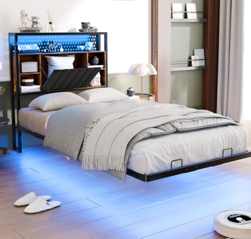 VINGLI Floating Bed Frame Twin Bed with Charging Station and LED Lights,Twin Metal Bed Frame,Cozy Hidden Storage Velvet Upholstered Headboard,No Box Spring Needed,Easy Assembly,Black VINGLI