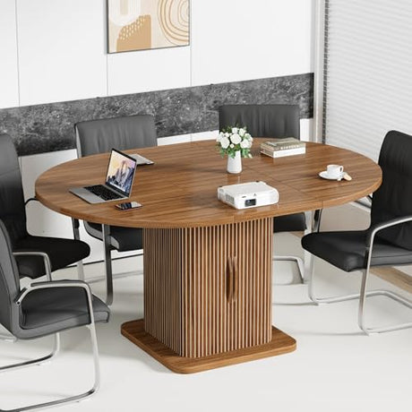 Extendable Round Conference Table for 4-8 People, 43in-59in Modern Oval Meeting Room Table with Storage, Fluted Wood Slide Doors, Small Compact, Office, Training, Conference Room, Walnut Jluomei