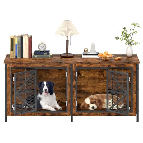 CHOEZON 71" Double Dog Crate Furniture for 2 Dogs, Wooden Dog Crate End Table, Dog Cage for Medium/Large Dogs, Heavy-Duty Dog Kennel Furniture with Framed Metal Doors, Rustic Brown and Black TGW02BF CHOEZON