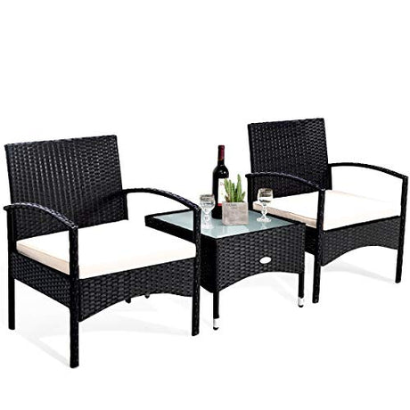 Tangkula 3 PCS Patio Wicker Rattan Furniture Set, Rattan Chair with Coffee Table, High Load Bearing Chair Conversation Sets for Patio Garden Lawn Backyard Pool (Black) Tangkula