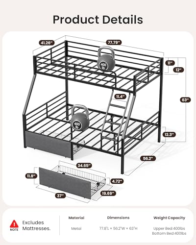 Mixcous Bunk Beds Twin Over Full Size, Heavy Duty Bunk Beds with 2 Storage Drawers, Safety Guardrails & Padded Ladder, Twin Over Full Bunk Bed, No Box Spring Needed, Black Mixcous