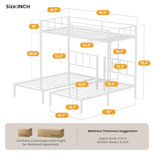 Mixcous Triple Bunk Bed Twin Over Twin Bunk Bed for 3, Guardrails and Ladder Metal Bunkbed, 3 Bed Teens and Adults, No Box Spring Needed, White Mixcous