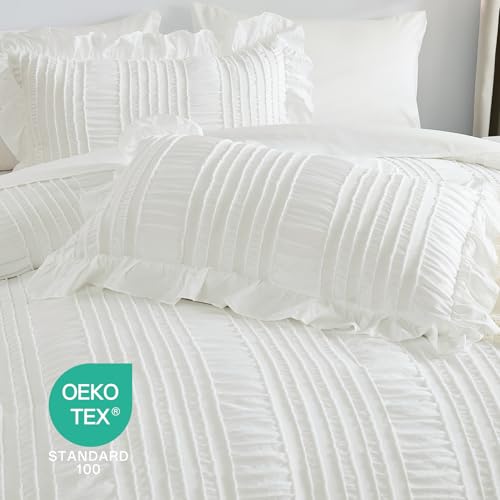 WONGS BEDDING White Comforter Set King,7 Pieces Ruffle Comforter Set with Sheets,Textured Bed in a Bag for King Bed 104"×90" WONGS BEDDING