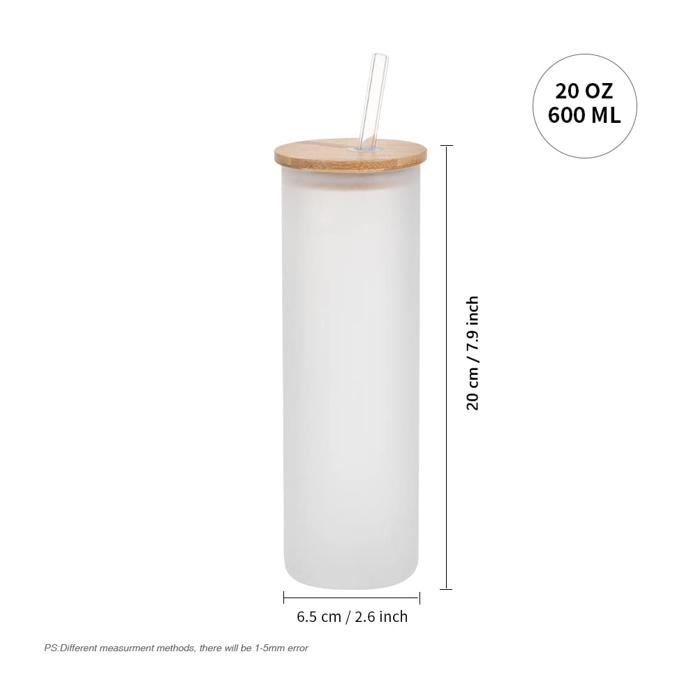 PYD Life Sublimation Glass Blanks Tumbler Skinny Straight Frosted 20 OZ with Bamboo Lid and Glass Straw Jar Tumbler Cups Mugs for Tumbler Heat Press 6 Pack - WoodArtSupply