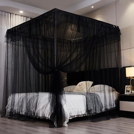 Kertnic Black Canopy Bed Curtains for Girls & Adults, Queen King Bed Canopy Drapes Netting, Practical Mosquito Net for Bed (King- 86" W*78" L*82" H) Kertnic