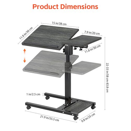 Furist Overbed Table with Wheels Adjustable Height, Mobile Standing Stand Up Rolling Laptop PC Desks with Tilting Top Height Tray Side Computer Workstation for Bedroom on Hospital Home Use, Black Furist