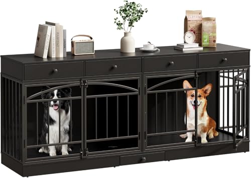 GAOMON Dog Crate Furniture for 2 Dogs, 78.7'' Large Dog Kennel Indoor with 4 Storage Drawers and Feeding Bowls, Double Dog Crate TV Stand for Small and Medium Dogs, Black GAOMON