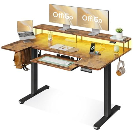 OffiGo U Shaped Electric Standing Desk with Keyboard Tray, 55 Inch Height Adjustable Desk with Power Outlets & LED Lights, Sit Stand Table with Monitor Stand for Home, Office, Rustic Brown OffiGo