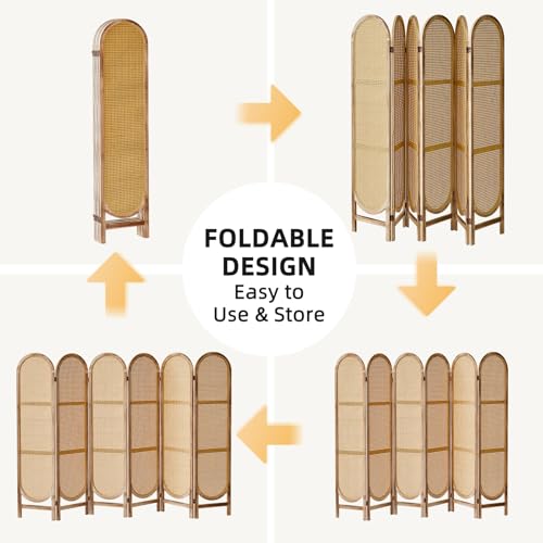 Asnefeli 6 Panels Room Divider, Foldable Wooden Room Divider, Individual Privacy Screen Made of Hand-Woven Rattan, Portable Wall Divider for Home Office Bedroom Bathroom Dressing Room (Natural) Asnefeli