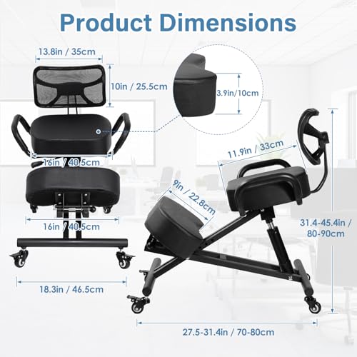 Ergonomic Kneeling Chair with Back Support, Height Adjustable Stool for Home and Office, PU Kneeling Chair for Desk to Relieve Back Discomfort, Thick Moulded Foam Cushions Brake Casters Generic