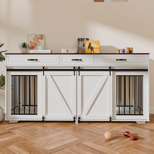 Zamildon's 71 in Dog Crate Furniture for 1 or 2 Dogs, Large Double Dog Cage with 3 Storage Drawers and Removable Divider, Dog Kennel Indoor As TV Stand with Sliding Barn Door Zamildon's