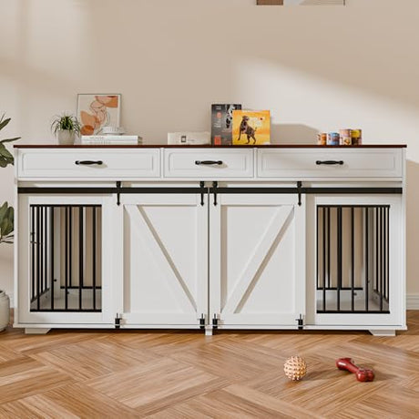 Zamildon's 71 in Dog Crate Furniture for 1 or 2 Dogs, Large Double Dog Cage with 3 Storage Drawers and Removable Divider, Dog Kennel Indoor As TV Stand with Sliding Barn Door Zamildon's