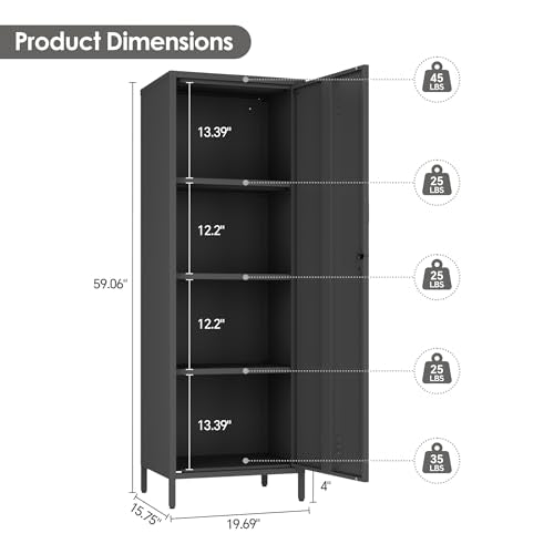 Epochsteele Metal Storage Cabinet Kitchen Pantry Cabinet for Bathroom Locking Storage Cabinet with Door and Removable Shelves (Black) Epochsteele