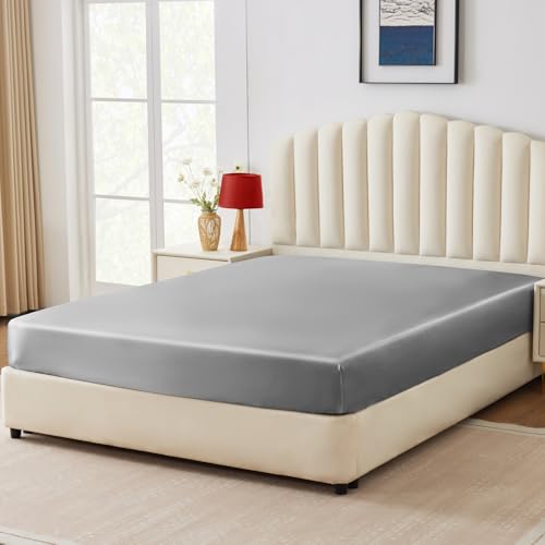 CozyLux Satin Fitted Sheet Twin Size, Light Grey Silky Satin Bed Fitted Sheet Only with Silky Microfiber, Deep Pocket, Single Bottom Sheet Sold Separately, Breathable, Smooth and Soft CozyLux