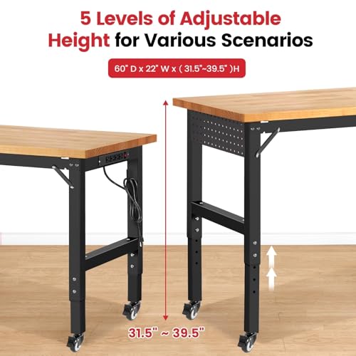 ENJOYWOOD Workbench for Garage Adjustable Height 60 x 22 Inch Work Table with Wheels Heavy Duty Rubberwood Tabletop Workbench with Pegboard, Power Outlets for Woodworking Shop, Home, Office ENJOYWOOD