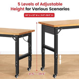 ENJOYWOOD Workbench for Garage Adjustable Height 60 x 22 Inch Work Table with Wheels Heavy Duty Rubberwood Tabletop Workbench with Pegboard, Power Outlets for Woodworking Shop, Home, Office ENJOYWOOD