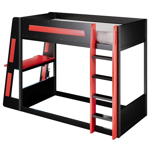Twin Size Gaming Bunk Bed with Desk & LED Light & Charging Station,Twin over Twin Wood Loft Bed Frame with 2 Storage Shelves & Safety Guardrails & Ladder for PC & Console Gamers Bedroom,Black Red FUvellamo