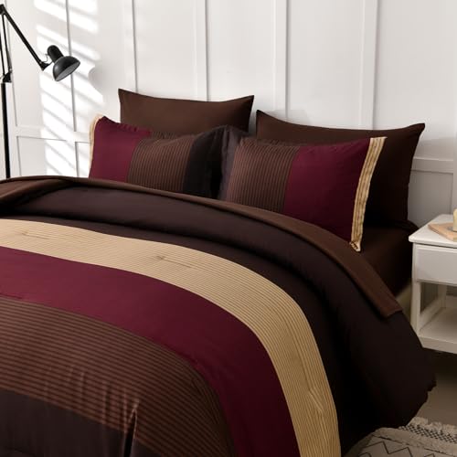 Anibedding Red and Brown Comforter Set King Size, Boho Burgundy Striped Bedding Comforter Set 7 Piece Bed in a Bag, Soft Microfiber Down Alternative Farmhouse Bedding Set for All Season(104"x90") Anibedding