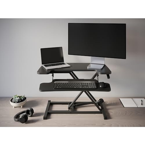 Realspace® P10 Pneumatic Standing Desk Riser Converter with Keyboard Tray, 20"H x 31-1/2"W x 25"D, Black Realspace
