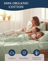 LANE LINEN 100% Organic Cotton Sheets Queen Size Bed Set, Machine Wash Eco Friendly Sustainably Produced Cotton Queen Sheet Set, Soft & Comfy Long Stabple Naturally Cooling Sheets– Mineral LANE LINEN