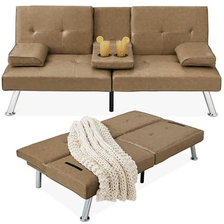 Best Choice Products Faux Leather Upholstered Modern Convertible Futon, Adjustable Folding Sofa Bed, Guest Bed w/Removable Armrests - Taupe Best Choice Products