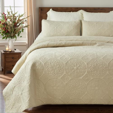 Brandream Luxury Quilt Bedding Set Queen Size Quilt Set Cotton Beige 3 Piece Medallion Matelasse Coverlet Set Brandream