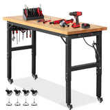 ENJOYWOOD Workbench for Garage Adjustable Height 60 x 22 Inch Work Table with Wheels Heavy Duty Rubberwood Tabletop Workbench with Pegboard, Power Outlets for Woodworking Shop, Home, Office ENJOYWOOD