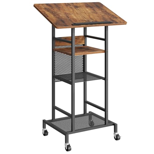 MAHANCRIS Podium Stand with Locking Wheels, 4-Tier Mobile Lectern with Storage Shelves and Non-Slip Lip, for Classroom, Church, Conference Standing Desk, Rustic Brown and Black LPHR6001 MAHANCRIS