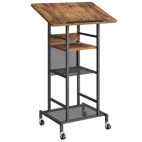 MAHANCRIS Podium Stand with Locking Wheels, 4-Tier Mobile Lectern with Storage Shelves and Non-Slip Lip, for Classroom, Church, Conference Standing Desk, Rustic Brown and Black LPHR6001 MAHANCRIS
