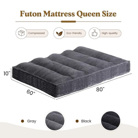 NLDD 10" Futon Mattress Queen Size, Ultra Thick Futons Sofa Couch Bed Sleeper Sofa Bed, Versatile Floor Futons Japanese Floor Mattress for Adults, Grey (Frame Not Included) NLDD