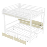 Bellemave Queen Over Queen Bunk Bed Frame with Storage Shelves & Drawers, Metal Bunk Bed Queen Over Queen with Charging Station & LED Lights, Space-Saving Beds Frame Convertible to Sofa Design, White Bellemave