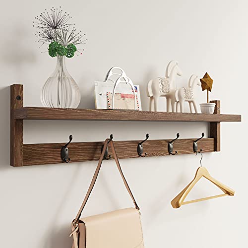 AMBIRD Wall Hooks with Shelf 28.9 Inch Length Entryway Wall Hanging Shelf Wood Coat Hooks for Wall with Shelf Wall-Mounted Coat Hook Rack with 5 Dual Hooks for Bathroom, Living Room, Bedroom  - WoodArtSupply