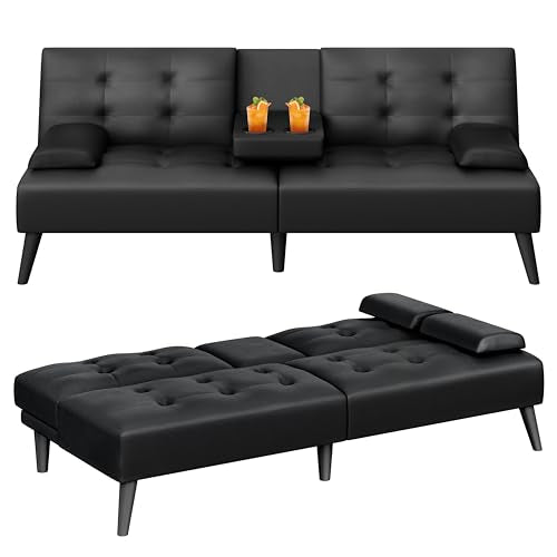 Meilocar 64" Futon Sofa Bed, Small Loveseat with 2 Cup Holders, Small Couch with 3 Adjustable Angles & Removable Armrest, Modern Sleeper Sofa for Apartment, Office (PU Leather, Black) Meilocar