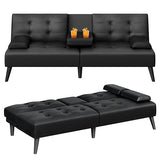 Meilocar 64" Futon Sofa Bed, Small Loveseat with 2 Cup Holders, Small Couch with 3 Adjustable Angles & Removable Armrest, Modern Sleeper Sofa for Apartment, Office (PU Leather, Black) Meilocar