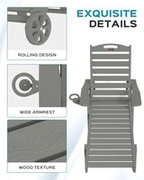 Outdoor Lounge Chair Set of 4, All Weather Patio Chaise Lounge Chairs for Outside, HDPE Chair with Rolling Wheels & Cup Holder, 5 Position, Deck, Pool, Grey