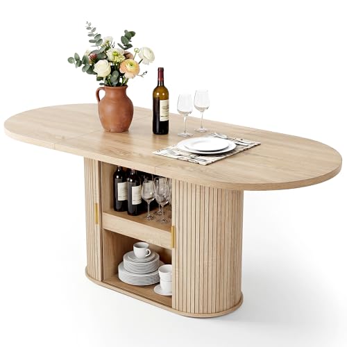 DWVO 70.9" Oval Dining Table for 6-8, Modern T-Shaped Kitchen Table with Storage Shelves & Pedestal Base, Multi-Purpose Dinner & Office Table, Light Oak DWVO