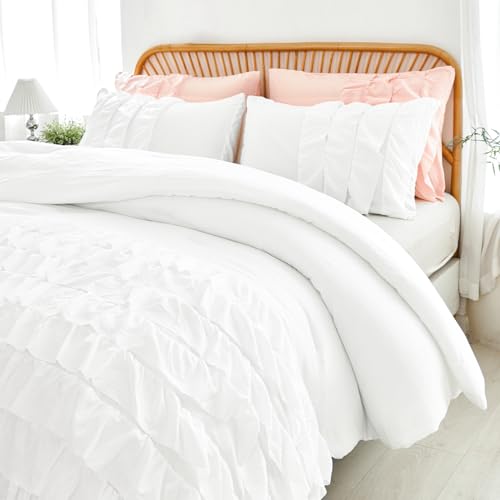 PERFEMET White Queen Comforter Set, 3 Pieces Girls Ruffled Bedding Sets Vintage Shabby Chic Bedding, Soft Lightweight Farmhouse Boho Bed Set for Girls Women (White,Queen) PERFEMET