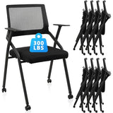 CLATINA Stackable Foldable Conference Room Chairs with Wheels, Portable Padded Office Desk Chair with Lumbar Support and Armrest for Training Room, Guest, Reception, Event, Black (8pk) CLATINA