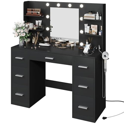 YESHOMY Vanity Desk with Mirror, Power Outlet and 10 Lights, Makeup Table with 7 Drawers, 3 Color Modes Available for Bedroom, Pure Black