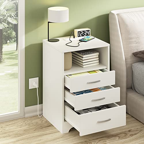 White Nightstand with Charging Station, Modern End Side Table with 3 Drawers, Wooden Cabinet Stand by Sofa, Bedside Tables for Bedroom with USB Ports Outlet & Open Storage HOSEOKA